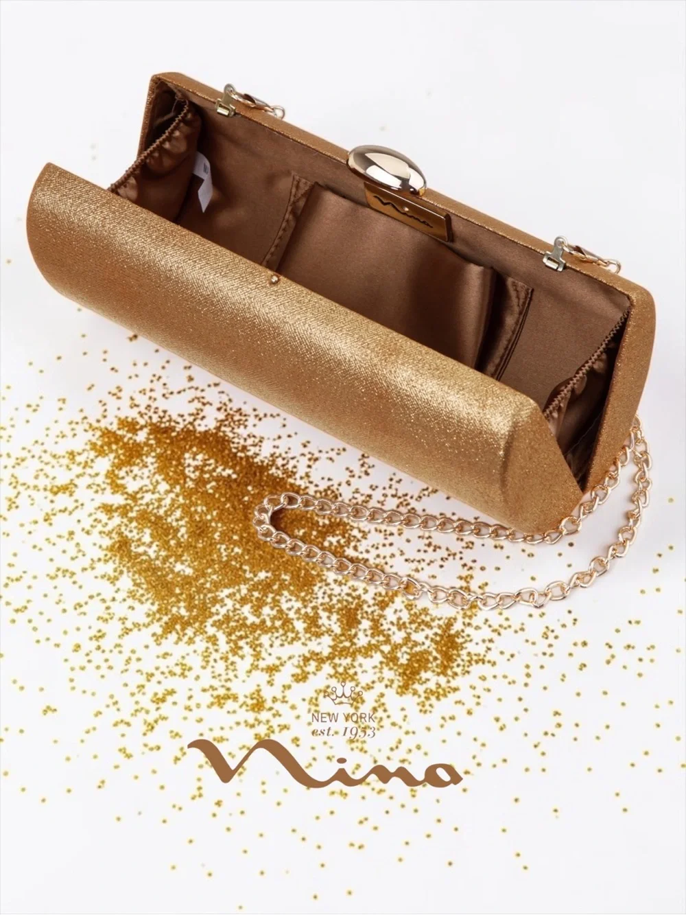 NWT Nina Xandra Barrel Minaudière Clutch – Pure Gold (New in Box)